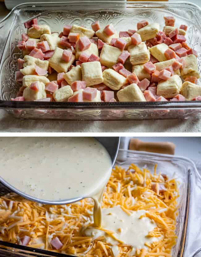 Cheesy Ham and Egg Breakfast Casserole with Biscuits from The Food Charlatan. This crowd-pleasing casserole is my new favorite! Use store bought or homemade biscuits to make a moist and delicious brunch. Top it all off with Hollandaise Sauce for an amazing holiday breakfast! #breakfast #brunch #ham #bacon #sausage #easy #recipe #holidays #Thanksgiving #Christmas #makeahead #withbiscuits #overnight #recipes #foracrowd #best #nightbefore #simple #quick #forlargegroups #Pillsbury #freezer #savory squares of homemade biscuit and ham cubes in a glass baking pan, adding cheese and egg mixture to the same pan.