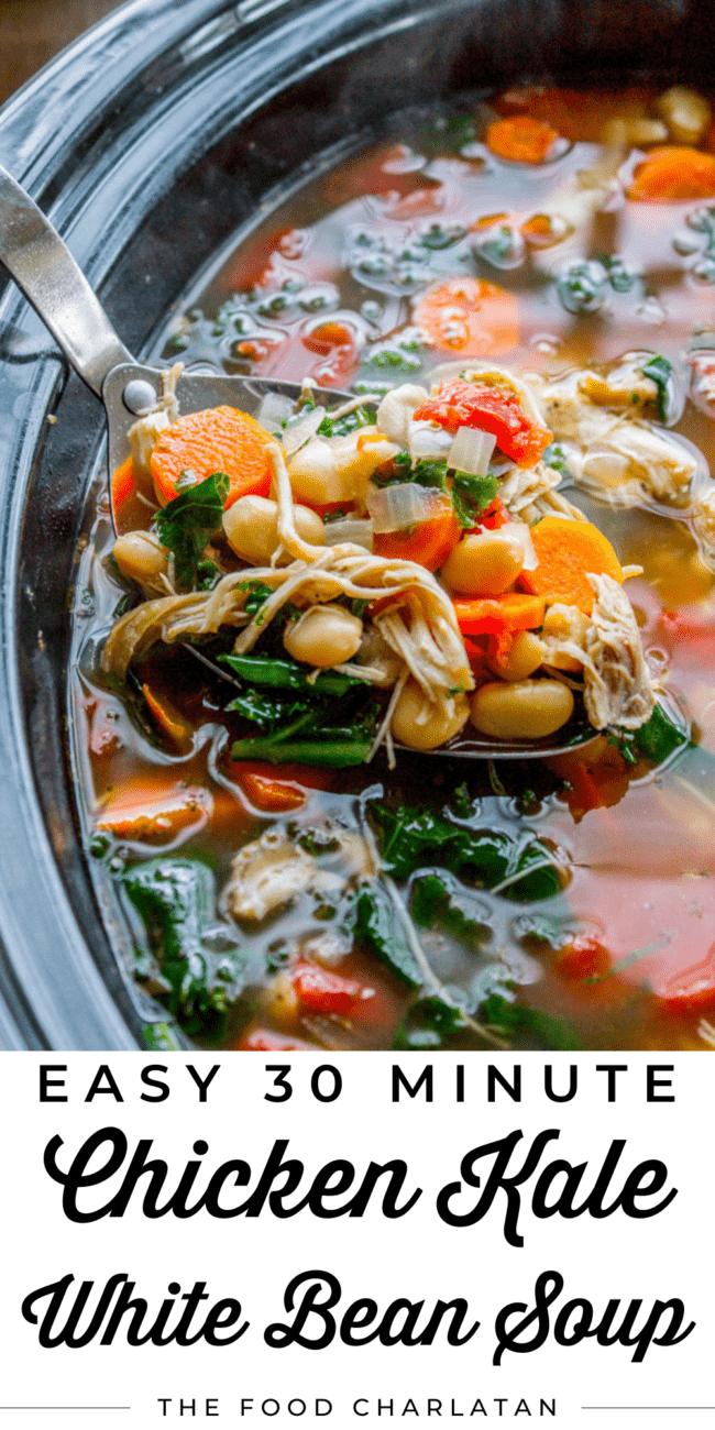 kale, chicken, and white bean soup in the slow cooker.