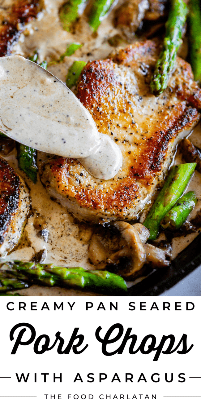 pork chops with creamy mushroom gravy and asparagus.