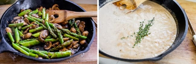 Creamy Pan Seared Pork Chops with Asparagus from The Food Charlatan. Creamy Pan Seared Pork Chops is such an easy weeknight dinner! Juicy boneless pork chops are seared over high heat to get that irresistible crust. Sautéed mushrooms and asparagus in a creamy pan sauce bring it all together. Dinner is done in about 30 minutes! #panseared #porkchop #easy #recipe #boneless #healthy #skillet #balsamic #creamy #asparagus #mushroom #pansauce #onthestove #stovetop #cream #pepper #garlic #weeknight preparing mushrooms and asparagus in a pan, making creamy gravy with fresh thyme.