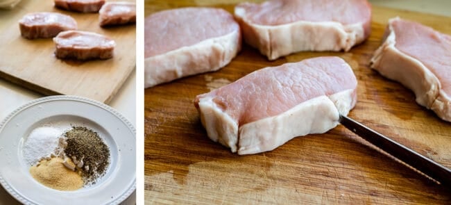 Creamy Pan Seared Pork Chops with Asparagus from The Food Charlatan. Creamy Pan Seared Pork Chops is such an easy weeknight dinner! Juicy boneless pork chops are seared over high heat to get that irresistible crust. Sautéed mushrooms and asparagus in a creamy pan sauce bring it all together. Dinner is done in about 30 minutes! #panseared #porkchop #easy #recipe #boneless #healthy #skillet #balsamic #creamy #asparagus #mushroom #pansauce #onthestove #stovetop #cream #pepper #garlic #weeknight preparing seasoning and snipping the fat cap to make pan seared pork chops.