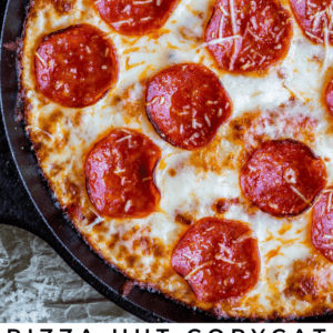 A close-up of a pepperoni pizza with melted cheese in a cast iron skillet. Text below reads: Pizza Hut Copycat Cast Iron Pan Pizza - The Food Charlatan. Enjoy this cheesy, skillet-style classic.
