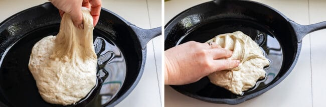placing dough for pan pizza in a well oiled cast iron skillet.