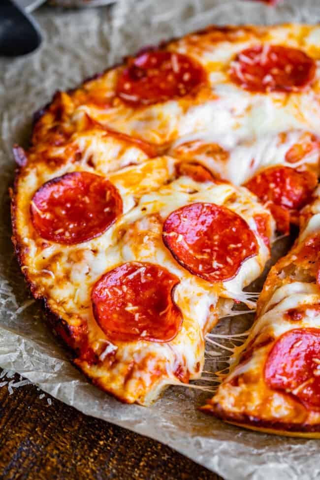 cast iron pan pizza cut into slices on parchment paper.