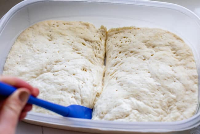 dividing risen pizza dough in half.