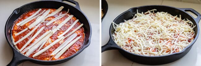 placing sliced and shredded mozzarella cheese on top of pizza.