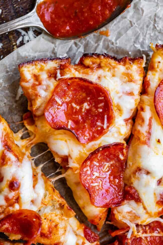 sliced cast iron pan pizza.