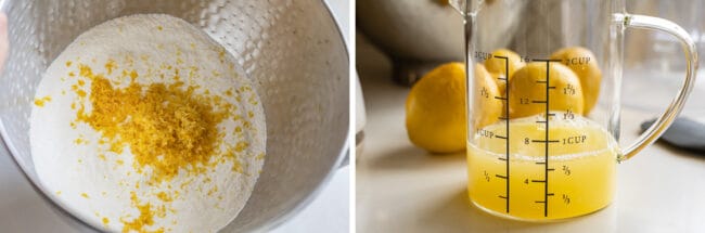 Lemon Sheet Cake with Lemon Glaze from The Food Charlatan. This Lemon Sheet Cake with Lemon Glaze is perfect for lemon lovers! A supremely lemony and MOIST cake, paired with a bright lemon glaze. It is perfect for summertime, or anytime! This recipe feeds a crowd and is super easy to make. #lemon #cake #sheetcake #lemoncake #citrus #summer #easy #recipe #zest #tart #withglaze #fromscratch #homemade #glaze #best #Texas #simple #dessert #feedsacrowd #foracrowd zested lemon and lemon juice.