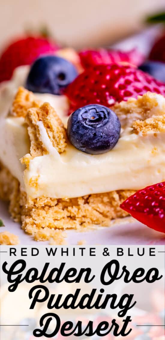 Layered pudding dessert with golden oreos