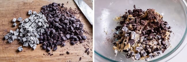 chopped dark and white chocolate on a cutting board