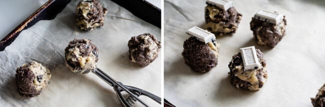 oreo cookie dough shaped on the pan