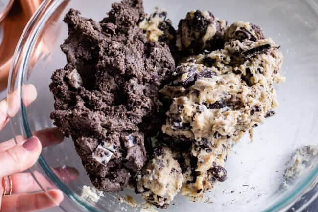 cookies and cream cookie dough in a bowl
