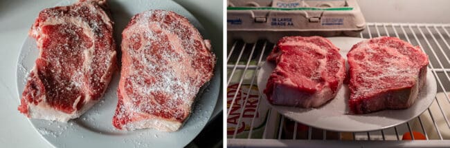 salted steak on a plate in the fridge.