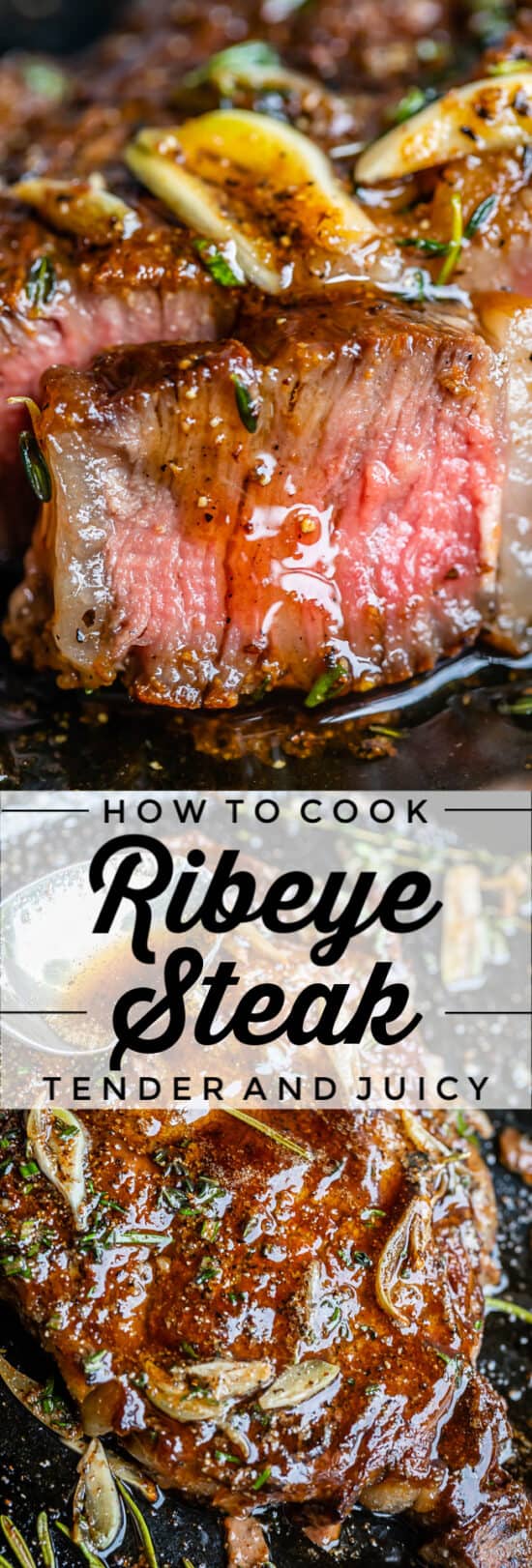 ribeye steak cut into a close up slice, leaking juices