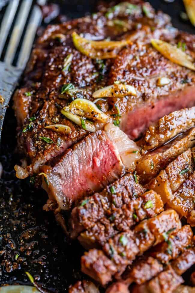 pan fried sliced ribeye steak.