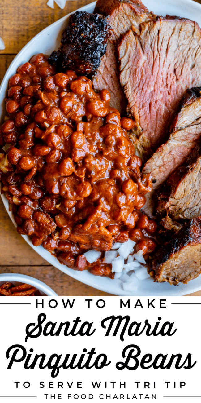 a plate with Santa Maria pinquito beans, tri tip, and chopped onions.