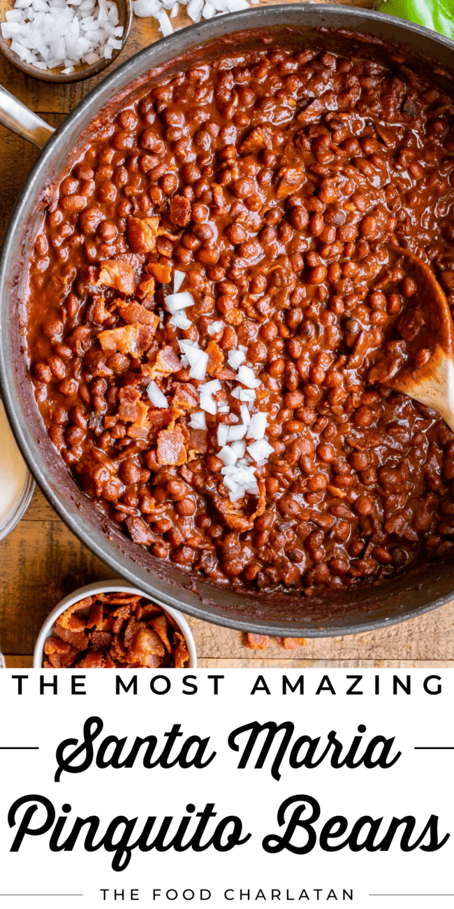 a big pot of santa maria pinquito beans with chopped onion.