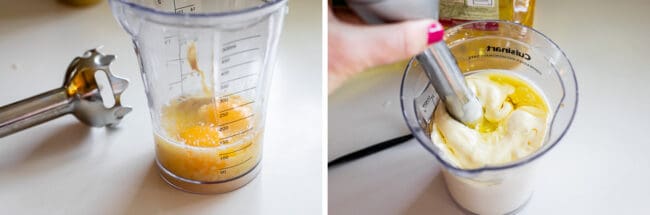 using an immersion blender to make garlic aioli.