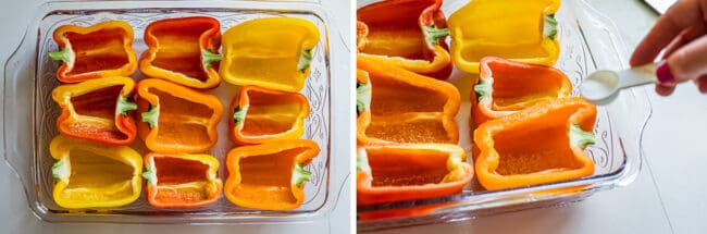 halved peppers in a pan, adding salt, for stuffed pepper recipe