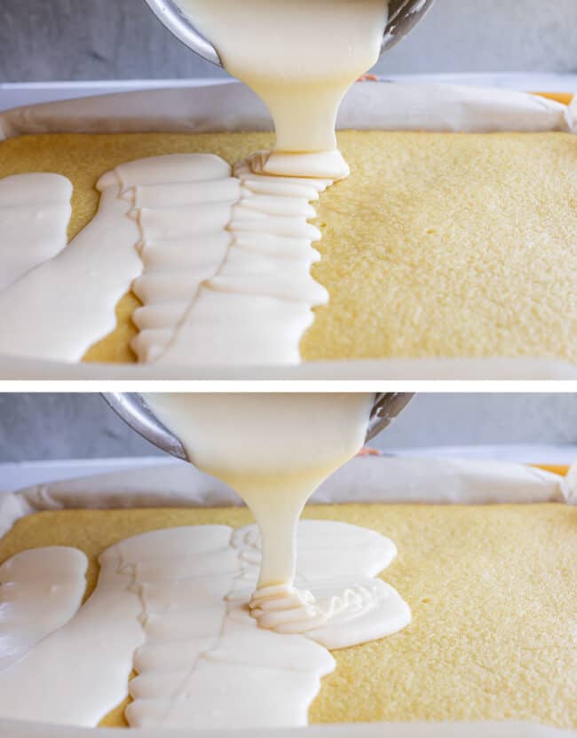 pouring glaze over white texas sheet cake