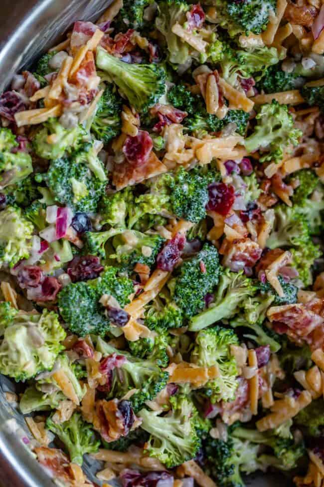 broccoli salad recipe with bacon in a bowl from overhead.