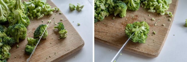 broccoli on cutting board, cutting into florets.