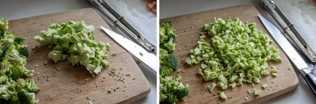 chopping broccoli stems to add to broccoli salad.