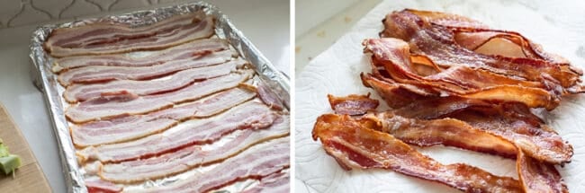 raw bacon on a sheet pan, cooked bacon on a paper towel.