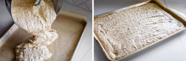 banana cake batter being poured into a sheet pan