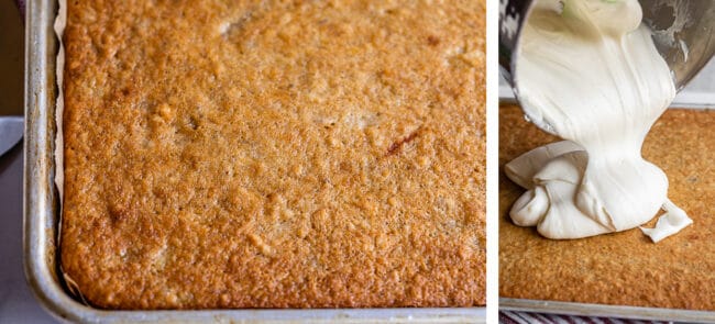 cooked banana cake, pouring cream cheese frosting on top