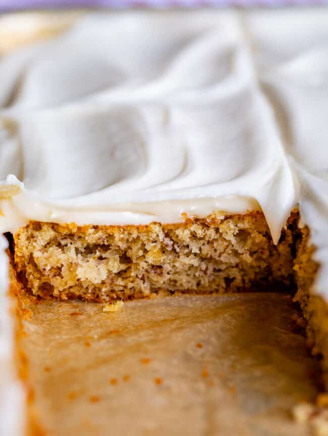 best banana cake recipe, shot from the side in the pan
