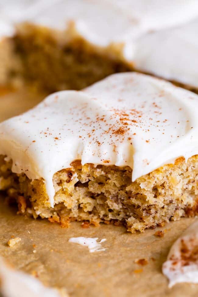 simple banana cake recipe, shot from the side with a bite taken out.