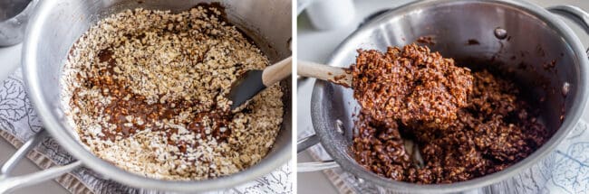 stirring oats into chocolate peanut butter batter