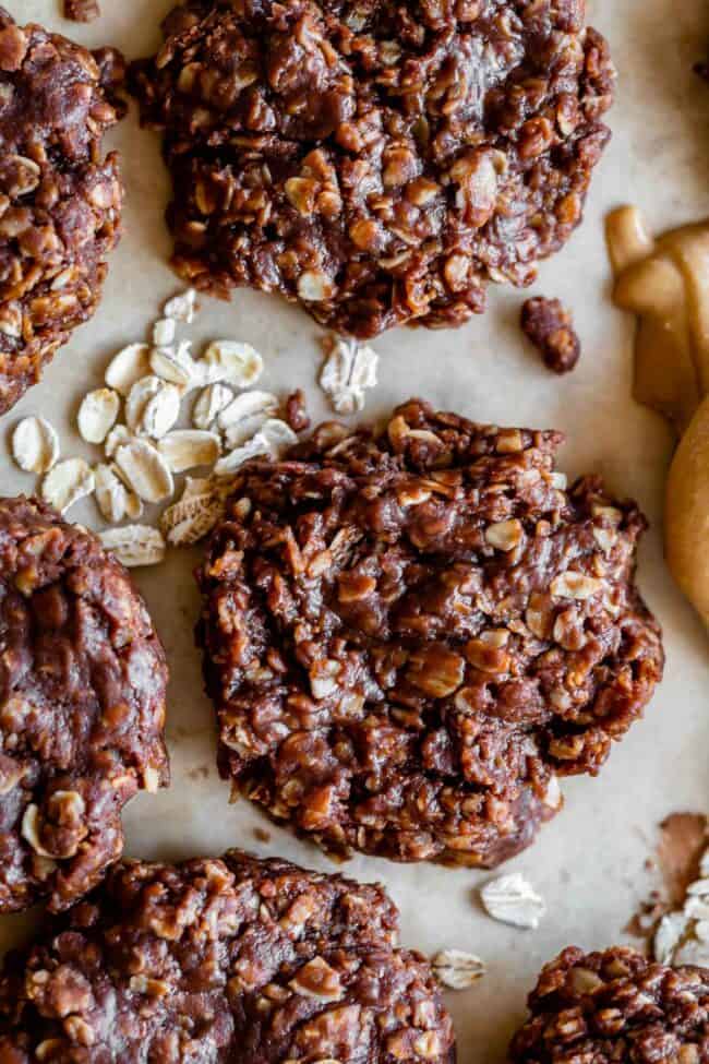 peanut butter no bake cookies shot from overhead with oats