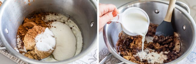 butter, brown sugar, sugar, and cocoa in a pot