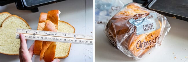 measuring thick and thin slices of bread, and a loaf of brioche bread.