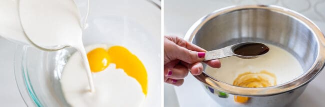 pouring cream into a bowl of egg yolks, then adding vanilla.