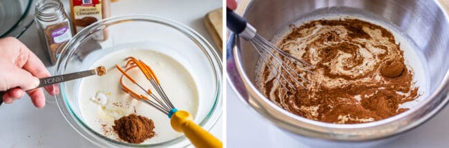 whisking cinnamon and nutmeg into the egg mixture for french toast.