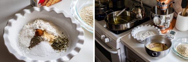seasoned flour in a pie plate for breading chicken; how to make a dredging chicken station.