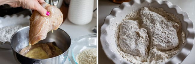 dipping chicken cutlets in egg mixture and coating in flour for chicken parmesan.