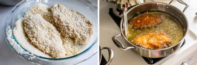 coating chicken cutlets in panko breadcrumbs; frying breaded chicken in oil.