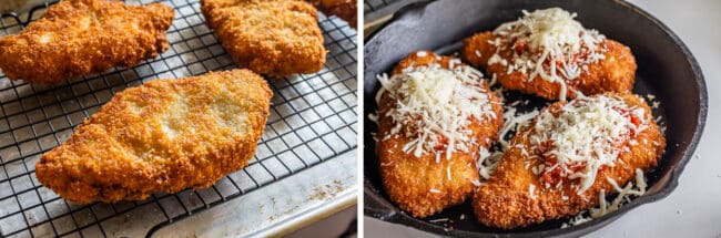 crispy chicken on a wire rack; chicken parmesan ready to go in the oven.