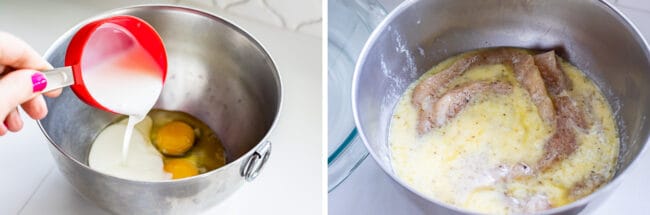 combining buttermilk and eggs for marinating chicken; chicken marinating in a bowl.