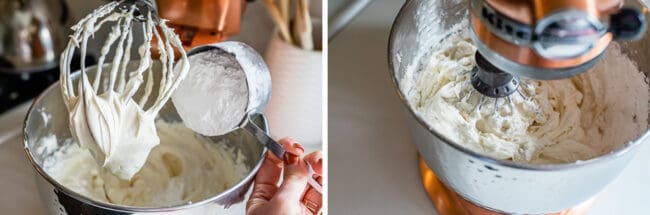 adding powdered sugar to frosting in a stand mixer.
