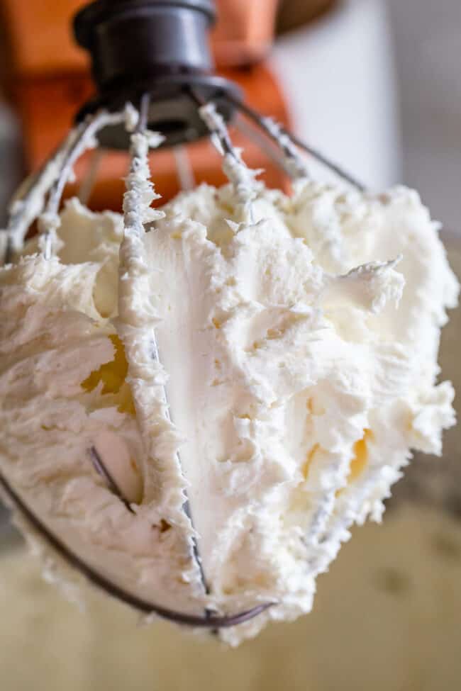 butter and cream cheese beaten together on a balloon beater.