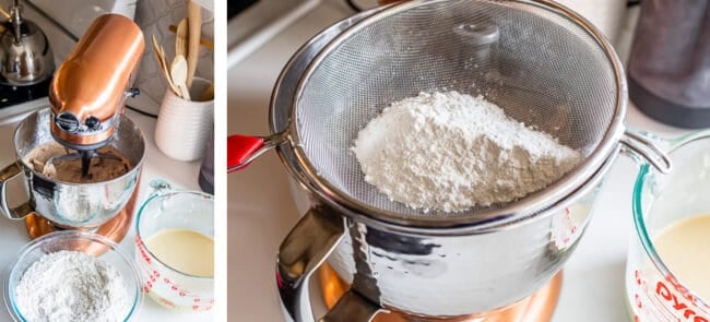 sifting flour, dry and wet ingredients ready to be mixed in a copper stand mixer.