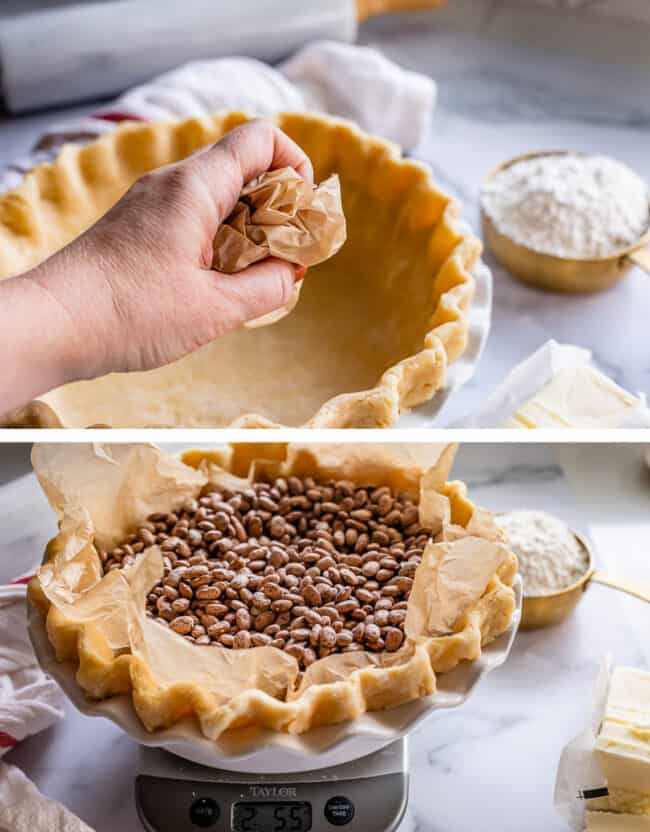 crumpling parchment paper for blind baking pie crust, filling with weights.
