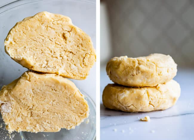 pie dough cut down the center so you can see bits of butter; two pie discs stacked.