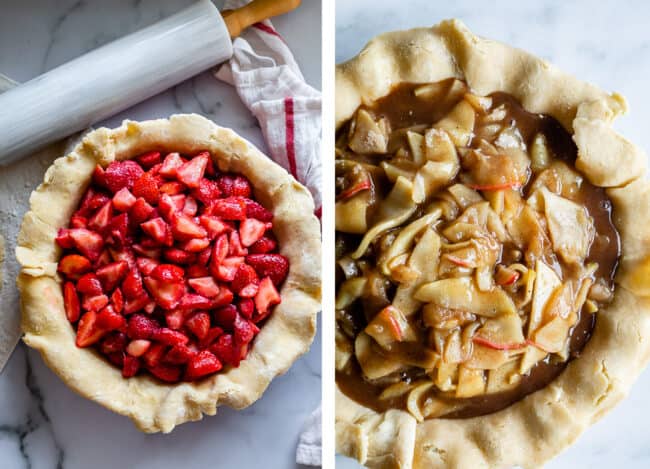 Pie crust filled with strawberries; pie crust filled with apple pie filling.