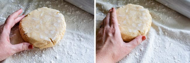using your fingers to mold cracked pie dough back together.